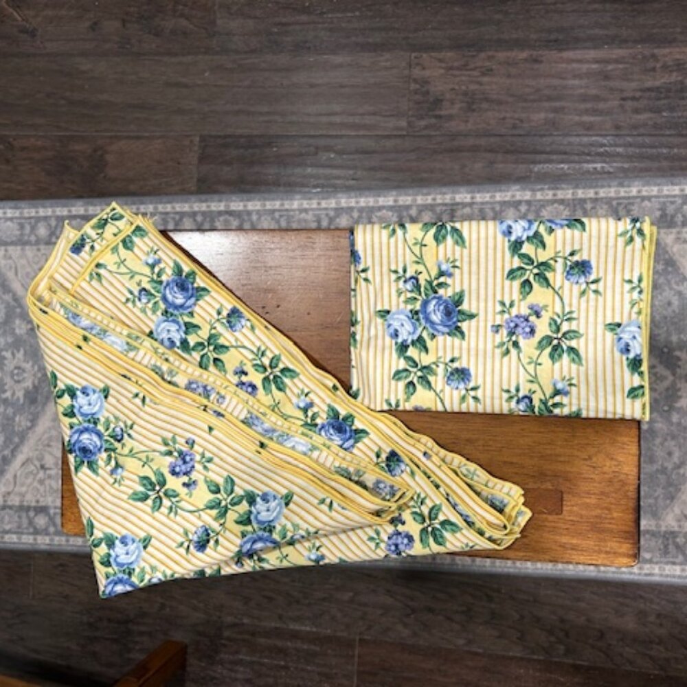 8 Longaberger Cloth French County Napkins Yellow Stripe Blue Flower 16" Sq